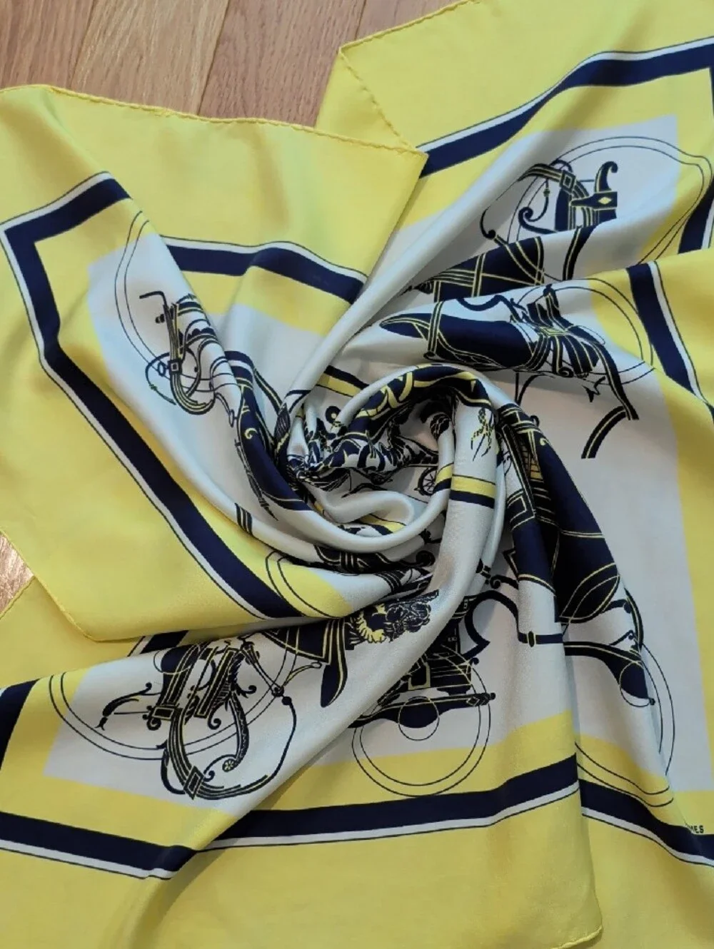 Hermes Yellow and Navy Silk Scarf